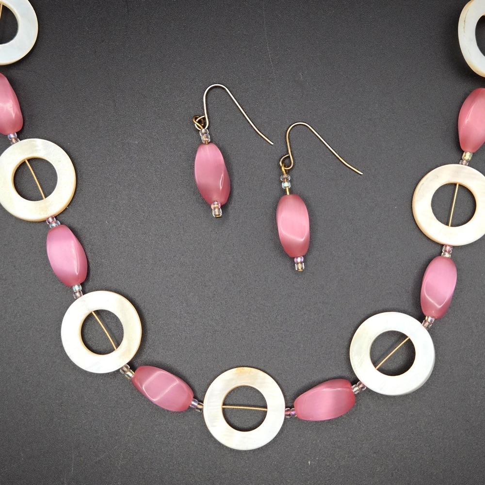 Pink Cat‎ Eye Bead Necklace & Dangle Earrings Set Mother of Pearl Circles